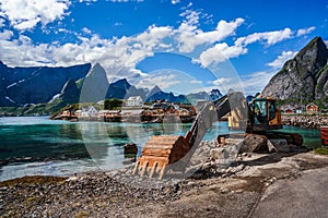 Excavator, bulldozer repair work on the road. Norway