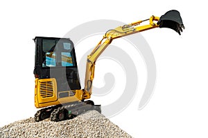 Excavator bulldozer and rocks, isolated on white with clipping p