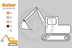 Excavator in cartoon style, color by number, education paper game for the development of children, coloring page, kids preschool