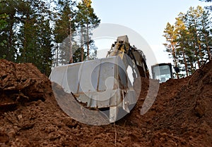 Excavator clearing forest for new development and road work. Backhoe for forestry work. Tracked heavy power machinery for forest