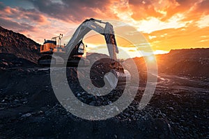 Excavator in Coal Mine at Sunset