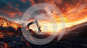 Excavator in a Coal Mine at Sunset