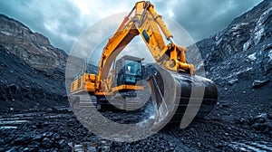 Excavator at coal mine under cloudy sky - generative ai