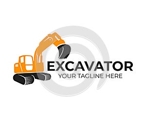 Excavator, construction and industrial machinery, transport and construction, logo template. Backhoe, digger and crawler excavator