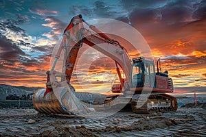 Excavator on construction site in the background at sunset