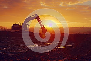 Excavator on construction site in the background at sunset