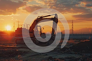 Excavator on construction site in the background at sunset