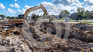 Excavator on construction site with mud and tracks. Infrastructure development