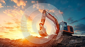 Excavator at construction site during sunset, digging and moving earth