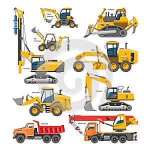 Excavator for construction vector digger or bulldozer excavating with shovel and excavation machinery industry