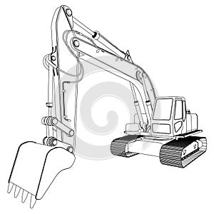 Excavator contour from black lines isolated on white background. Perspective view. 3D. Vector illustration