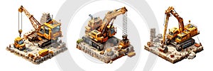 Excavator crane isometric vector concepts. Heavy yellow tracked caterpillar machinery equipment land surface fragments