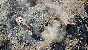 Excavator demolish building. Drone view