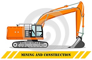 Excavator. Detailed illustration of heavy mining machine and construction equipment. Vector illustration.