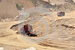 Excavator developing the sand on the opencast and loading it to the heavy dump truck.