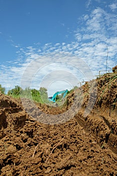 Excavator   are digging canalize the soil in the construction site or field.