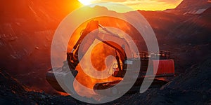 Excavator Digging in a Coal Mine at Sunset
