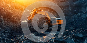 Excavator Digging in a Coal Mine at Sunset