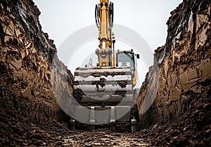 Excavator digging a deep trench in the earth on a construction site