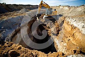 Excavator digging deep trenches or excavating a foundation for a building on construction site, Generative AI