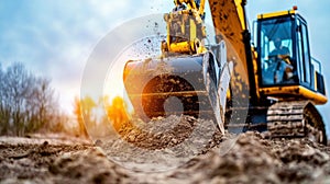 Excavator digging dirt at construction site during sunset