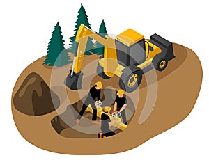 Excavator digging a pit and workers repairing a water pipe