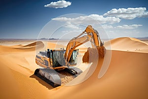 excavator digging into the sand dunes of desert, with a view of endless dunes in the background