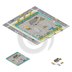 Excavator digs a pit on the construction site isometric icon set