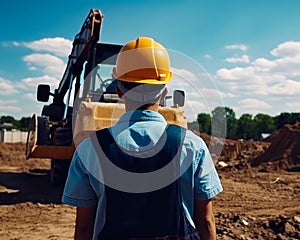 Excavator driver looking at his vehicle. Rear view of a worker at the construction site outdoors. Generative AI