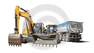 Excavator, dump truck and bulldozer loader close-up on a white isolated background.Construction equipment for earthworks.