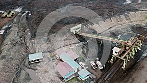 Excavator and dump truck at Open pit coal mining aerial view