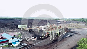 Excavator and dump truck at Open pit coal mining aerial view