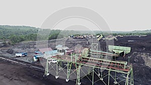 Excavator and dump truck at Open pit coal mining aerial view