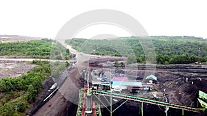 Excavator and dump truck at Open pit coal mining aerial view