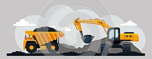 Excavator and dump truck working at coal mine, flat vector illustration. Open pit mine or quarry, extraction machinery.