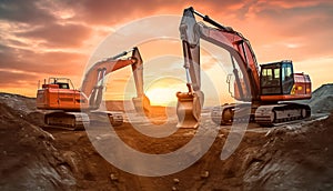 Excavator on earthmoving at open pit mining on sunset.