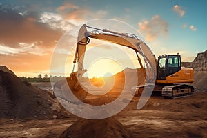 Excavator on earthmoving at open pit mining on sunset.