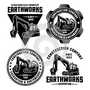 Excavator and earthworks set of vector emblems photo