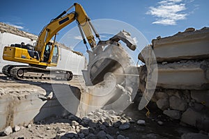 Excavator equipped with a hydraulic hammer attachment. Generative AI