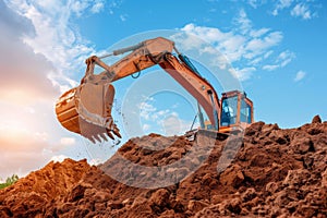 Excavator, excavator on a construction site with sunset background, Construction machinery