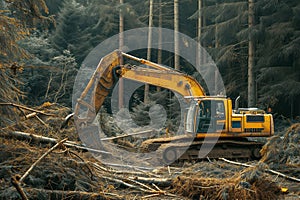 Excavator among fallen trees in a deforestation zone