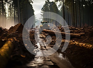 Excavator Grapple during clearing forest for new development. Laying a new road in a pine forest.