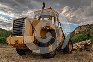 Excavator with grapple for transporting logs in a forestry operation