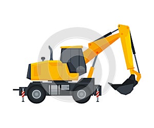 Excavator Heavy Construction Machine, Special Transport, Side View Flat Vector Illustration