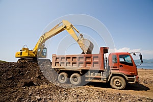Excavator and heavy dump truck