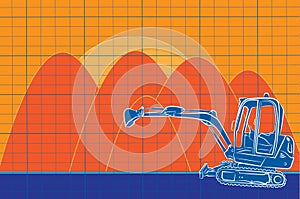 Excavator line art drawing color construction site