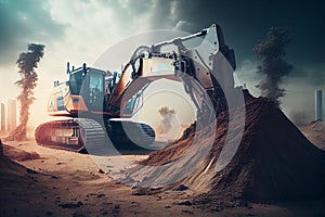 excavator loader machine during earthmoving works outdoors at construction site. Futuristic smart excavator digging