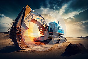 excavator loader machine during earthmoving works outdoors at construction site. Futuristic smart excavator digging ground