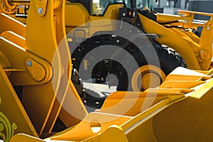Excavator Loader Machine. Side View of Front Hoe Loader. Industrial Vehicle. Heavy Construction Equipment Machine. Pneumatic Truck