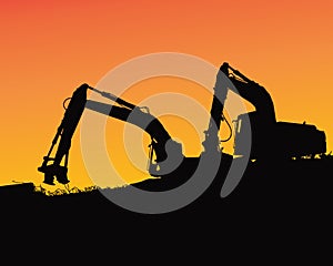 Excavator loaders, tractors and workers digging at industrial construction site vector background illustration